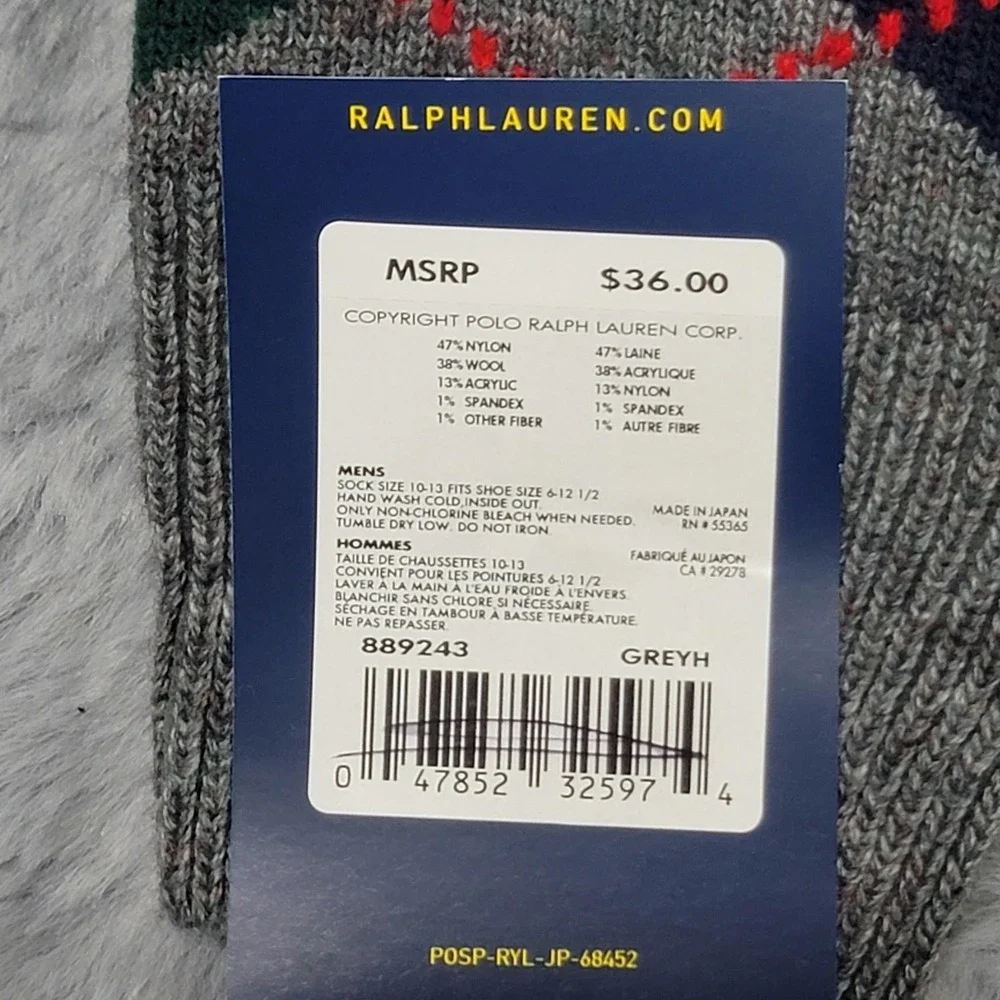 Polo Ralph Lauren Wool Socks Mens 10-13 Gray Argyle Dress Mid Calf‎ Japan